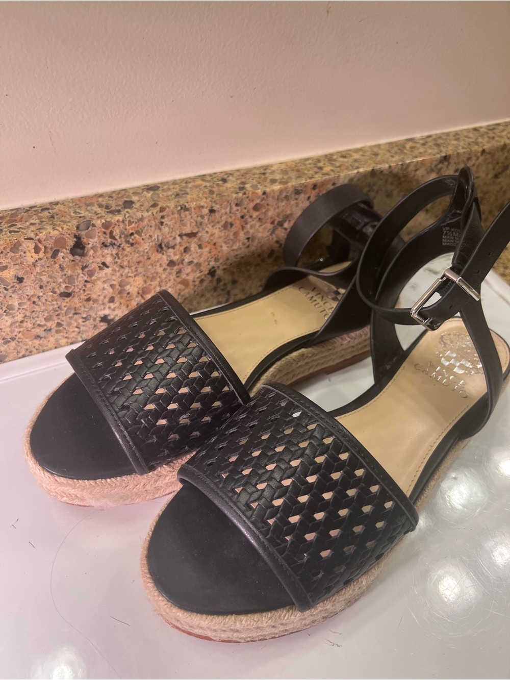 Vince Camuto Black Woven Espadrille Ankle-Strap Sandals Size 7.5